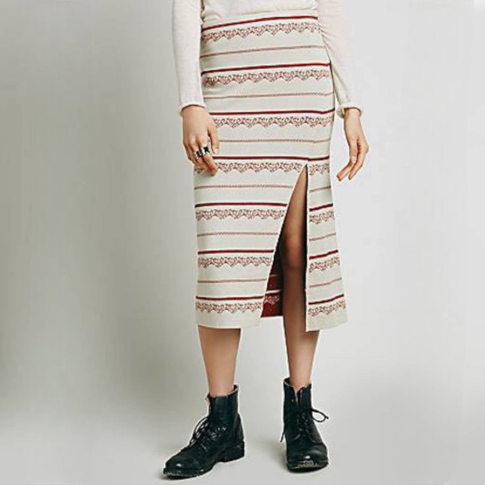 Free People Nordic Stripe Sweater Knit Midi Pencil Skirt Orange Cream Medium